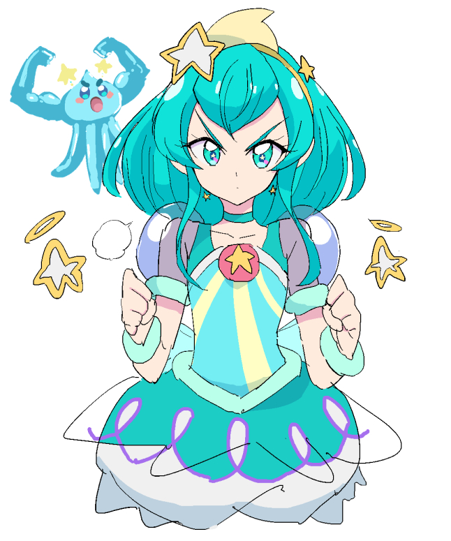 1girl, aqua_choker, aqua_dress, aqua_eyes, aqua_hair, blue_bracelet, botsuo_ingen, clenched_hands, closed_mouth, creature, cure_milky, dress, earrings, hagoromo_lala, hair_between_eyes, hair_ornament, hairband, jewelry, looking_at_viewer, magical_girl, medium_hair, precure, prunce_(precure), puffy_short_sleeves, puffy_sleeves, see-through, see-through_sleeves, short_sleeves, simple_background, star_(symbol), star_earrings, star_hair_ornament, star_twinkle_precure, v-shaped_eyebrows, white_background, yellow_hairband
