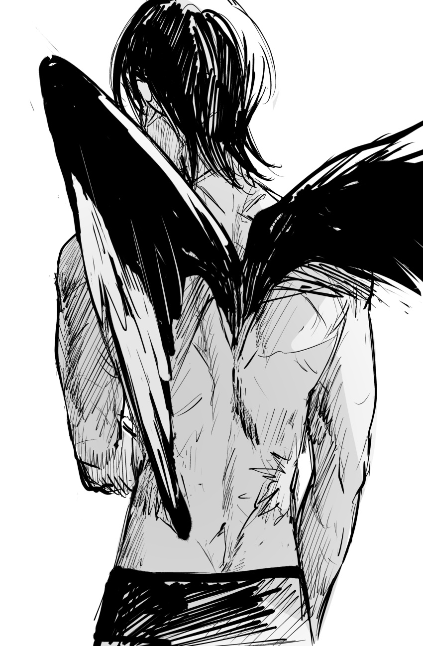 1boy, absurdres, black_hair, black_wings, choujin_x, feathered_wings, greyscale, highres, ikahueki, kurohara_tokio_(choujin_x), looking_away, monochrome, scar, short_hair, simple_background, solo, topless_male, white_background, wings