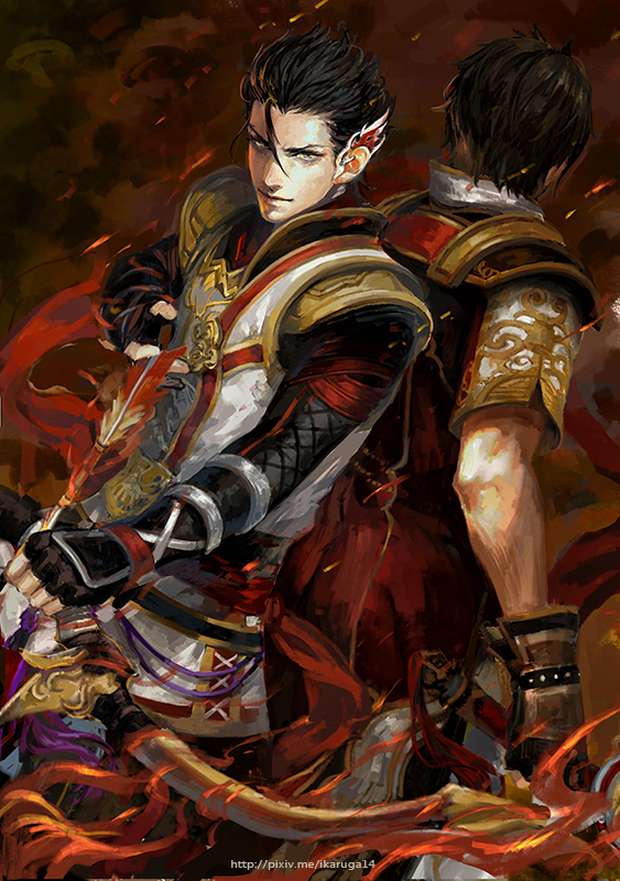 2boys, armor, back-to-back, black_hair, bow_(weapon), fire, lu_xun, multiple_boys