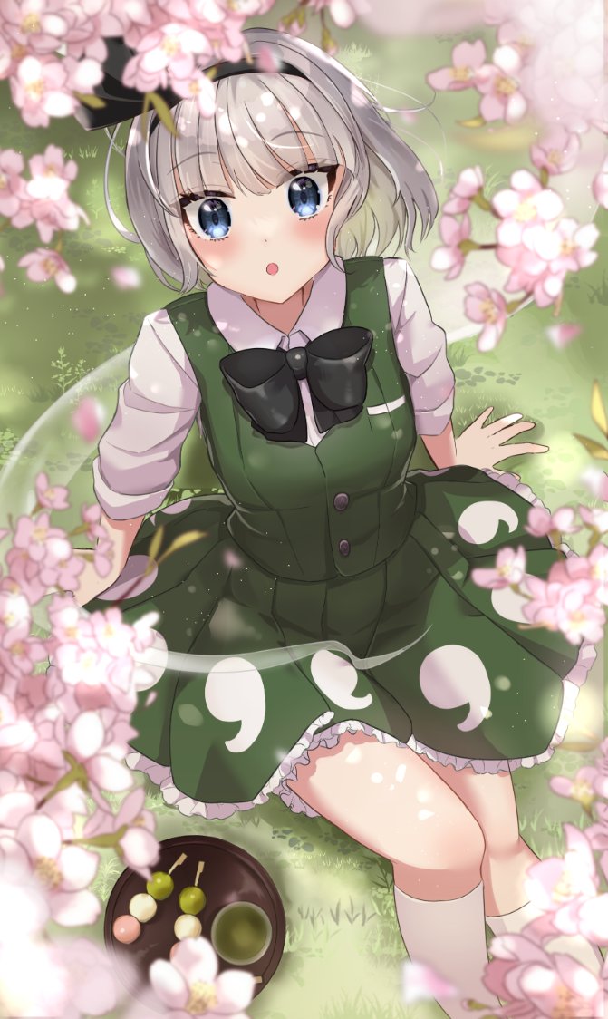 1girl, black_hairband, black_ribbon, blue_eyes, blush, buttons, cherry_blossoms, collared_shirt