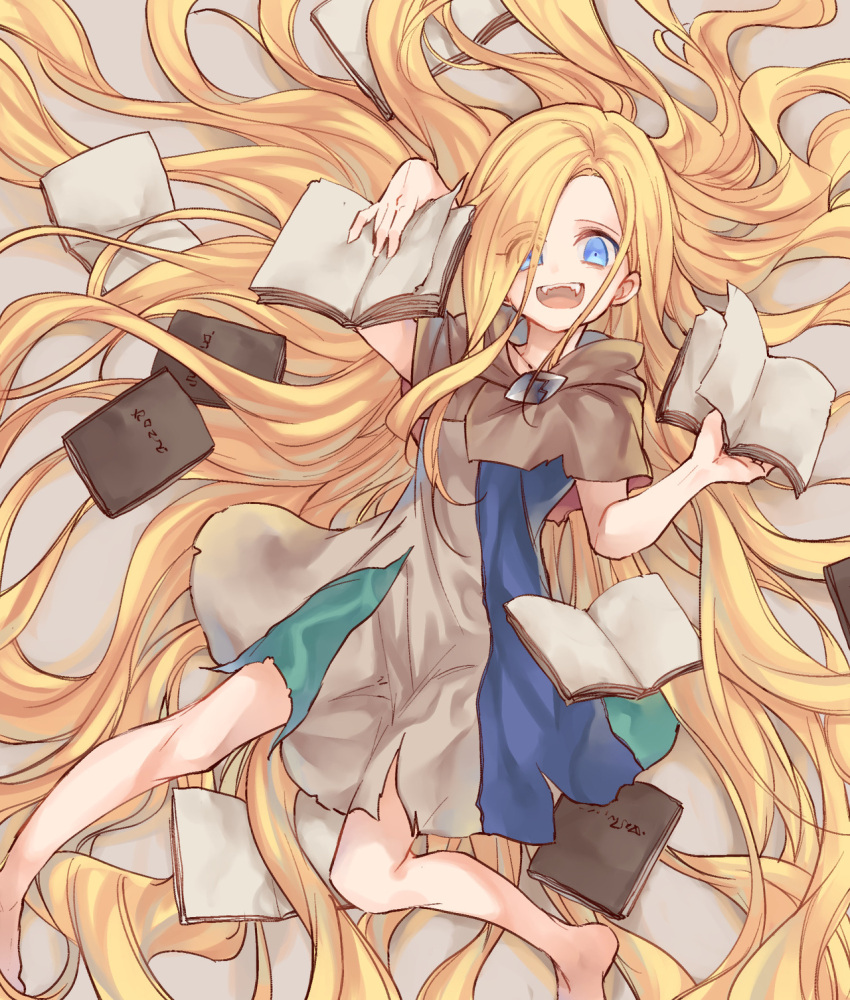 1girl, absurdly_long_hair, blonde_hair, blue_eyes, book, collarbone, dress, hair_over_one_eye