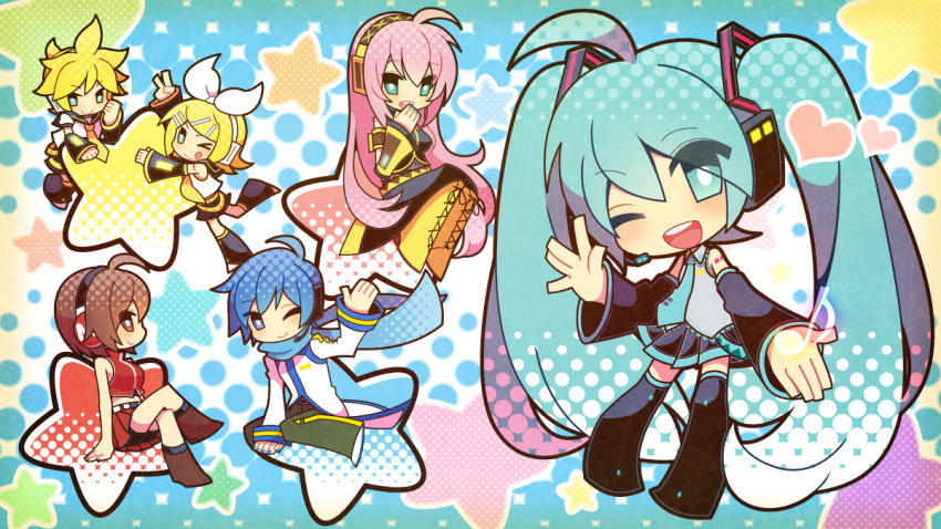 2boys, 4girls, ;p, ahoge, belt, black_skirt, blonde_hair, blue_eyes