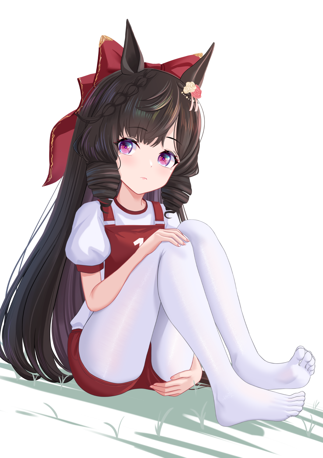 1girl, alternate_costume, animal_ears, black_hair, buruma, closed_mouth, commentary_request, daiichi_ruby_(umamusume)