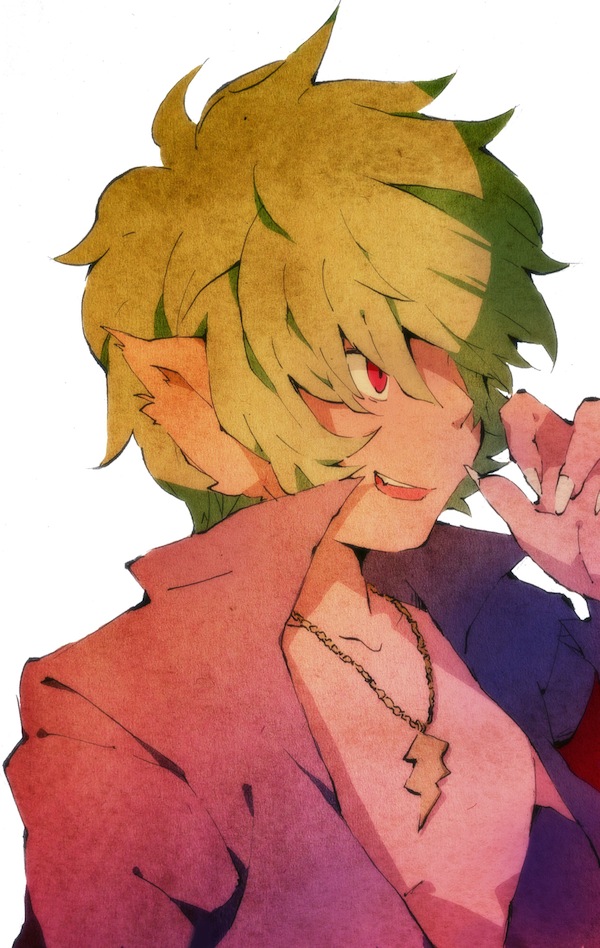 1boy, ash_(pop'n_music), collarbone, fang, fingernails, green_hair, jacket, jewelry