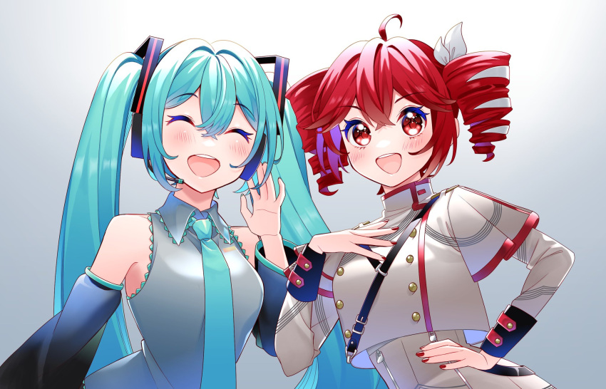 2girls, :d, ^_^, ahoge, bare_shoulders, blue_hair, blue_necktie, blush