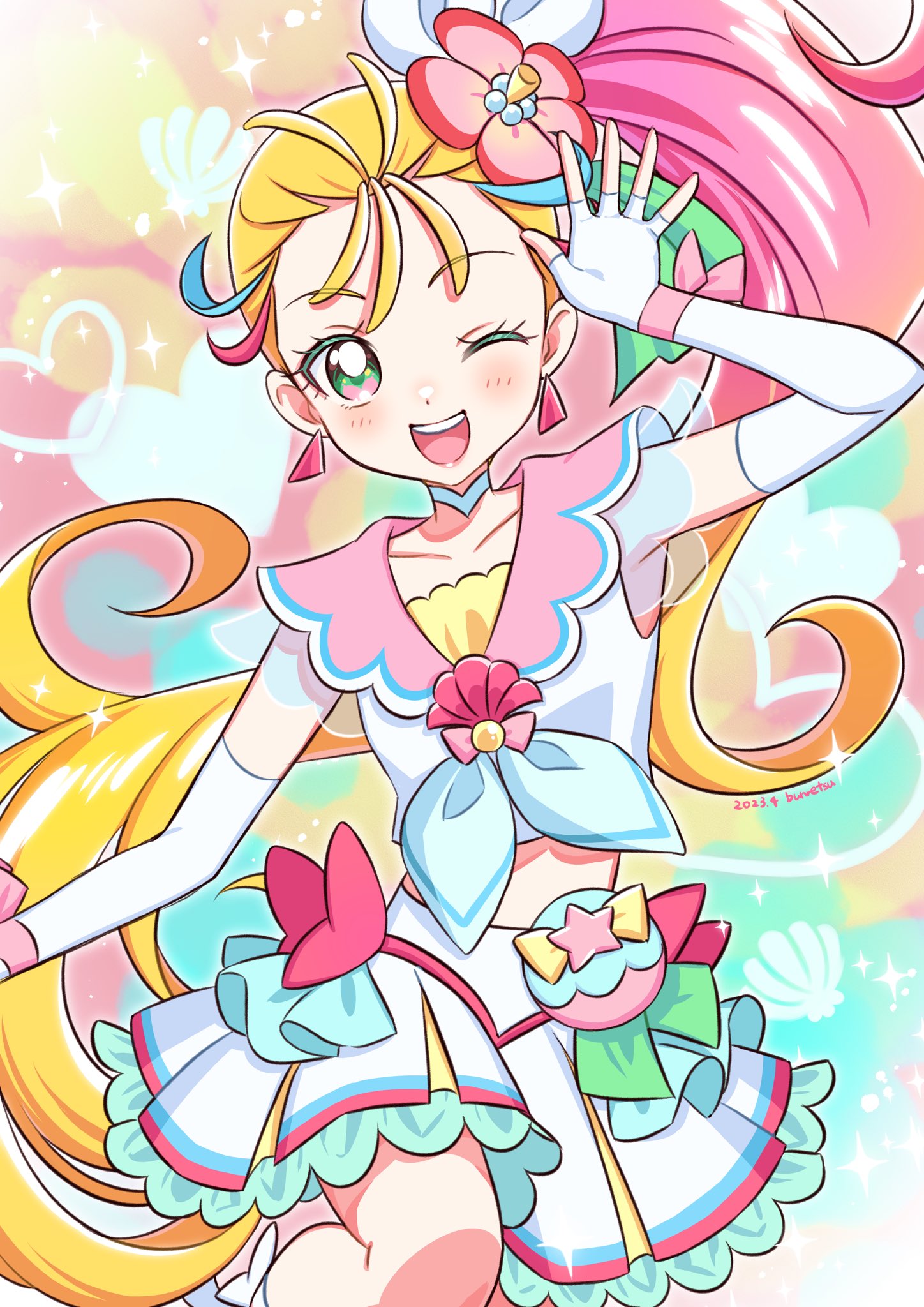 1girl, ankle_bow, blonde_hair, bow, bun_(jewd5385), choker, cure_summer, earrings