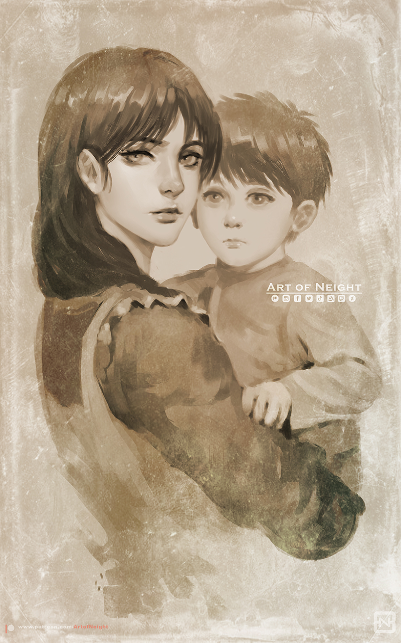 1boy, 1girl, art_of_neight, artist_name, carla_yeager, carrying, child, commentary