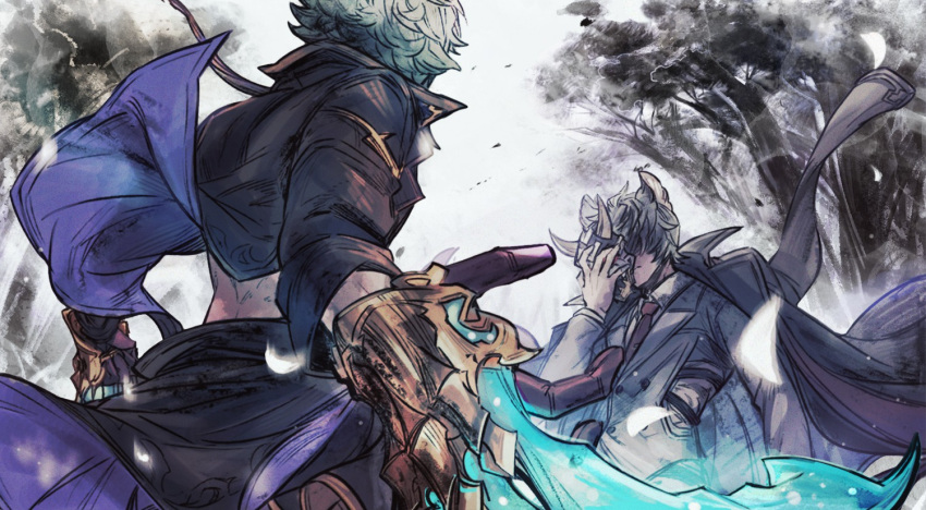 2boys, animal_ears, black_jacket, black_pants, brown_coat, claw_(weapon), coat, coat_on_shoulders