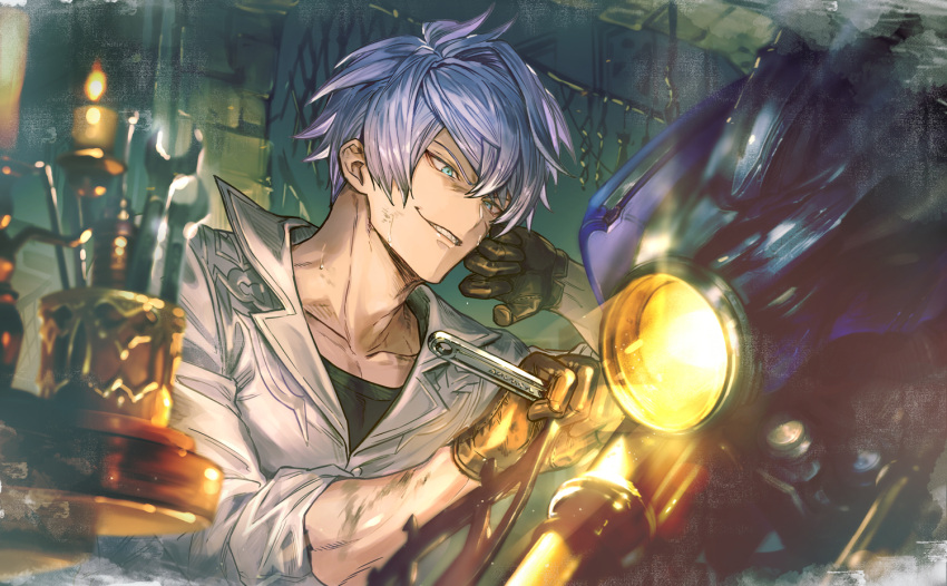 1boy, black_gloves, blue_eyes, gloves, granblue_fantasy, ground_vehicle, holding, holding_wrench