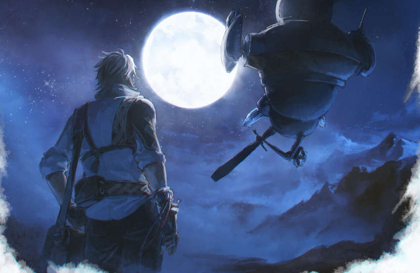 1boy, bag, collared_shirt, full_moon, gloves, granblue_fantasy, highres, isaac_(granblue_fantasy)