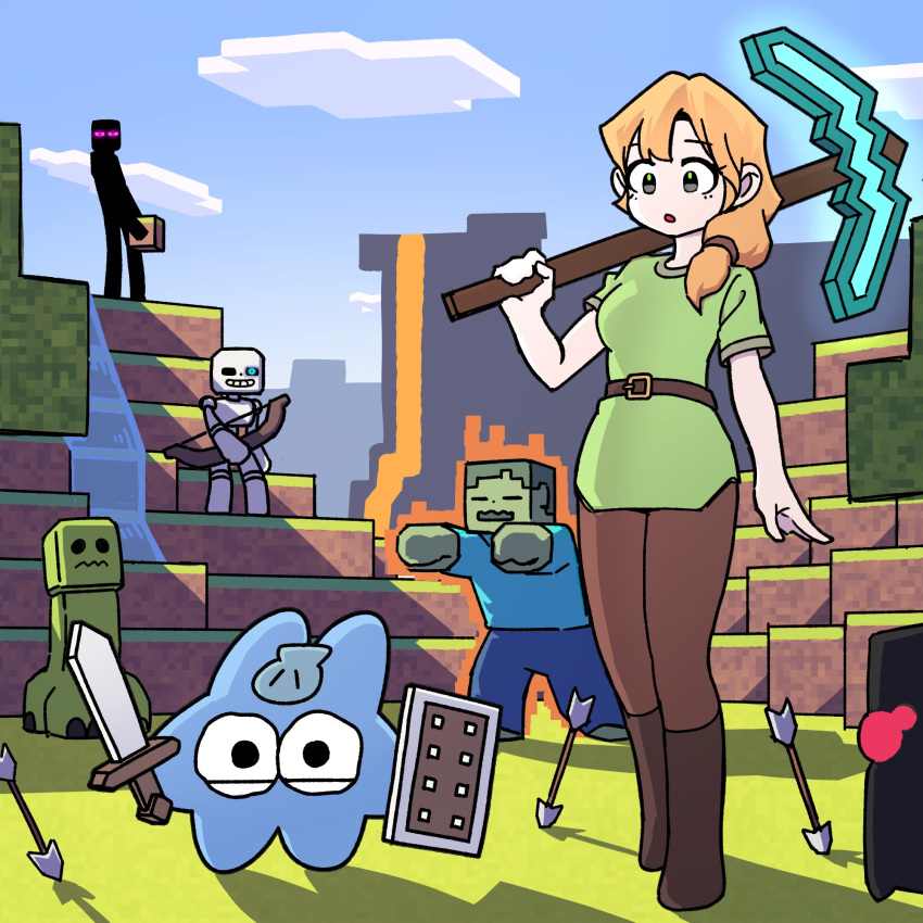 1girl, 1other, alex_(minecraft), arrow_(projectile), belt, boots, bow_(weapon), brown_pants, creeper, day, enderman, full_body, green_eyes, green_shirt, highres, hongya_(hongyatta), hongyatta, long_hair, minecraft, minecraft_pickaxe, orange_hair, original, outdoors, pants, shirt, short_sleeves, skeleton_(minecraft), sky, standing, weapon, zombie_(minecraft)