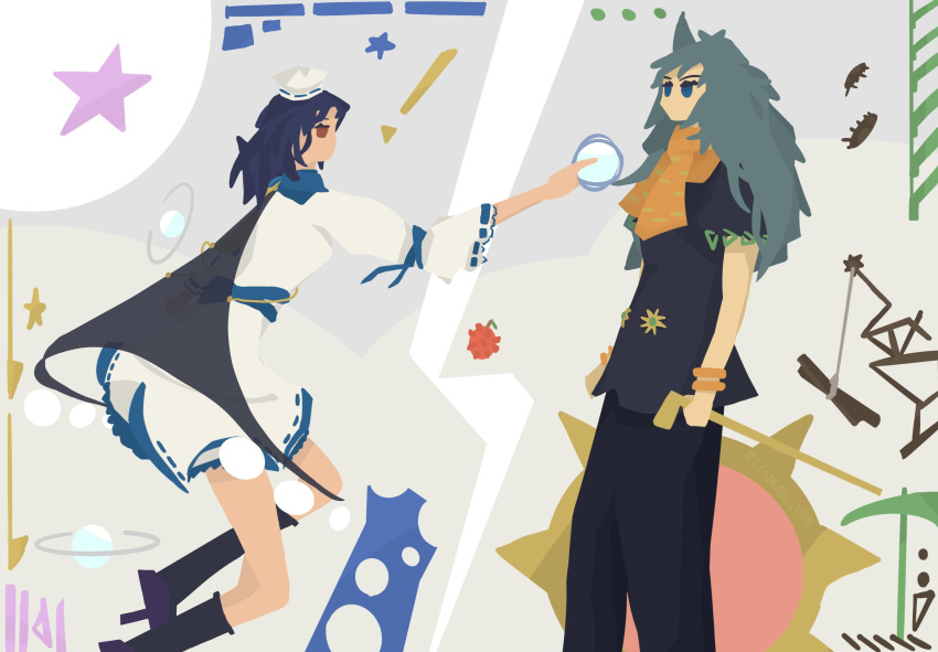 !, ..., 2girls, alternate_color, alternate_costume, alternate_eye_color, black_cape, black_socks