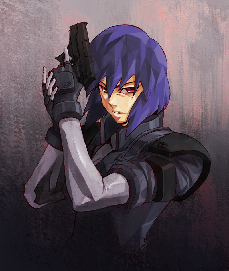 blue_hair, bodysuit, cyberpunk, fingerless_gloves, ghost_in_the_shell, ghost_in_the_shell_stand_alone_complex, gloves, gun, handgun, kidoairaku, kusanagi_motoko, pistol, red_eyes, short_hair, solo, trigger_discipline, weapon