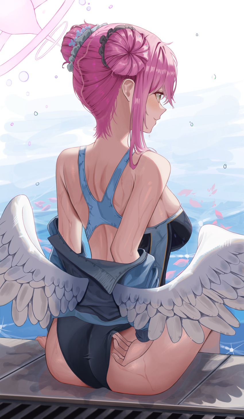 1girl, absurdres, adjusting_clothes, angel_wings, ass, back, bare_shoulders, blue_archive