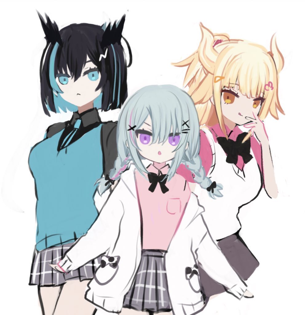 3girls, :o, :q, black_bow, black_hair, blonde_hair, blue_eyes, blue_hair