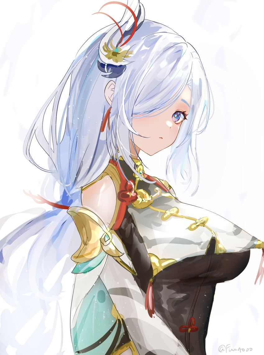 1girl, absurdres, blue_hair, blush, braid, chinese_clothes, earrings, facing_to_the_side