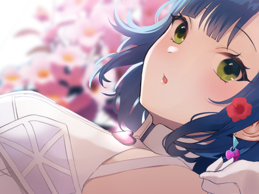 1girl, bare_shoulders, blue_hair, blurry, blurry_background, blush, breasts, close-up, dress, earrings, floral_background, flower, hair_flower, hair_ornament, heart, heart_earrings, idolmaster, idolmaster_million_live!, idolmaster_million_live!_theater_days, jewelry, looking_at_viewer, medium_breasts, nanao_yuriko, open_mouth, short_hair, solo, white_dress, yellow_eyes, yurancoco