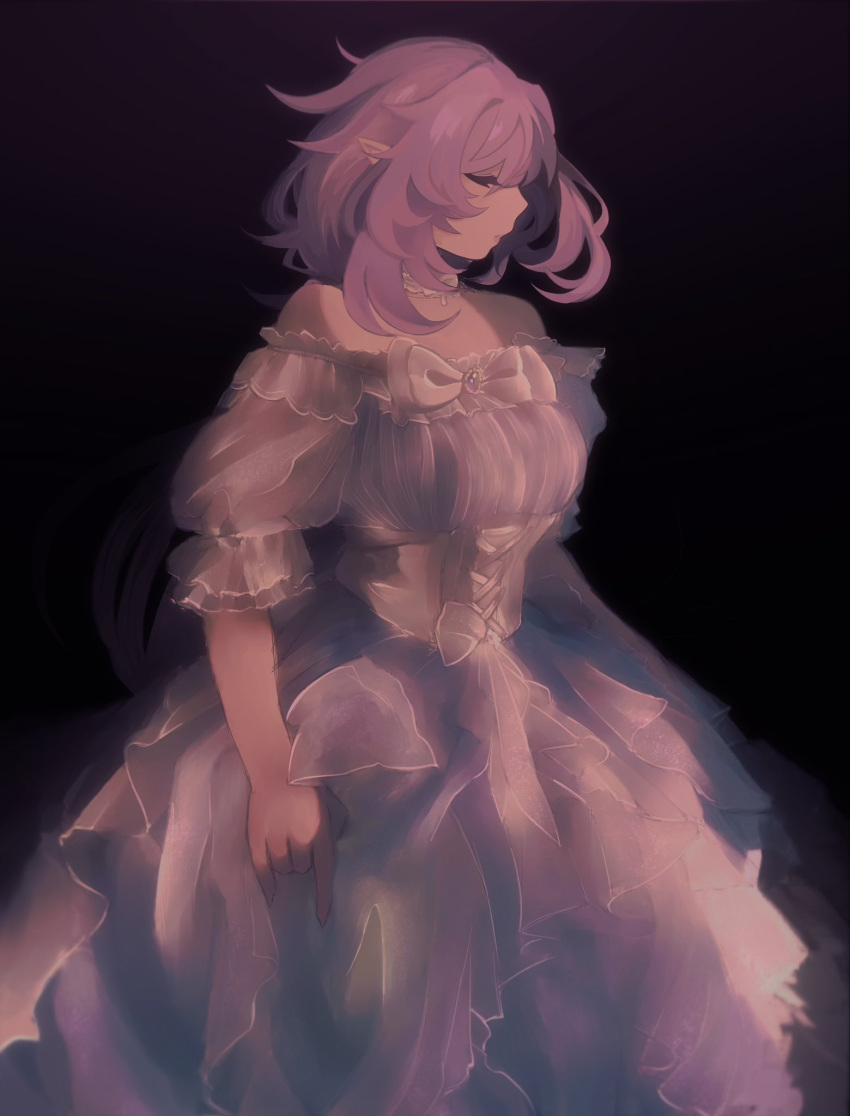1girl, black_background, choker, closed_eyes, closed_mouth, dress, elysia_(honkai_impact), facing_to_the_side