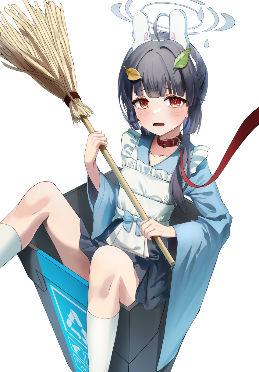 1girl, absurdres, alternate_costume, alternate_hairstyle, animal_ears, apron, belt_collar, black_hair, blue_archive, blunt_bangs, box, broom, collar, collarbone, commentary_request, fake_animal_ears, frilled_apron, frills, hakama, hakama_skirt, halo, highres, holding, holding_broom, in_box, in_container, japanese_clothes, leaf, leaf_on_head, leash, long_hair, long_sleeves, looking_at_viewer, miyu_(blue_archive), pleated_skirt, rabbit_ears, red_eyes, sidelocks, simple_background, skirt, solo, trash_can, twintails, wa_maid, white_background, wide_sleeves, yubell_(user_cwxy8372)