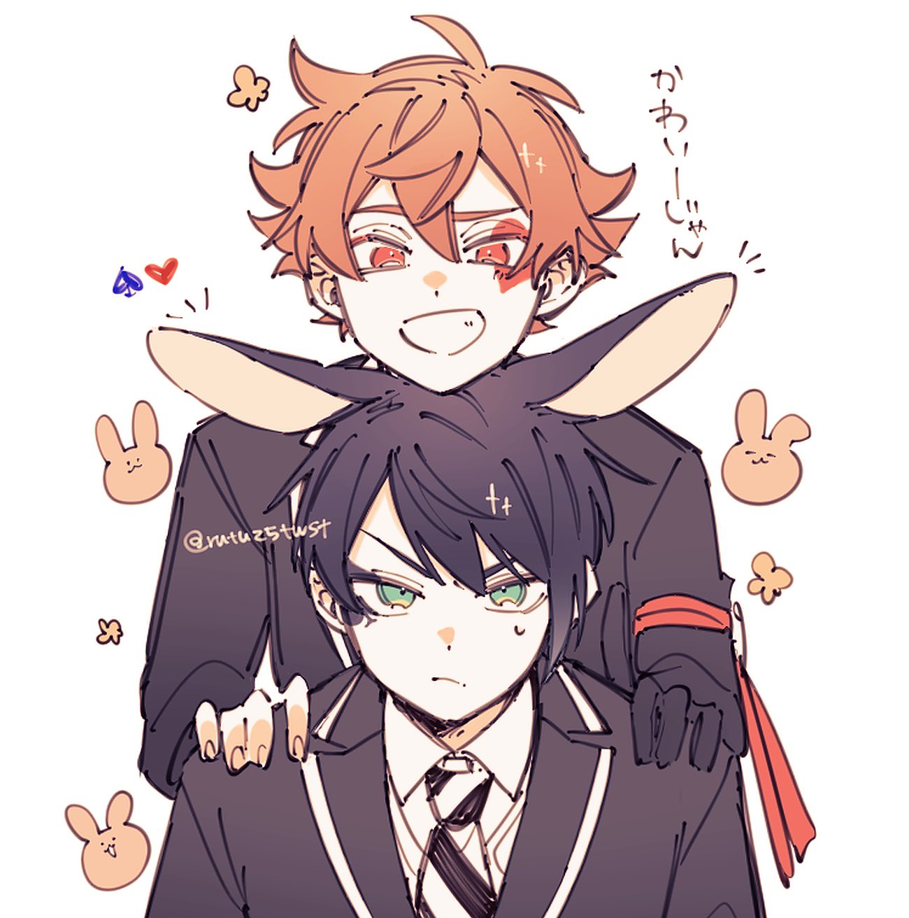 2boys, ace_trappola, animal_ears, closed_mouth, deuce_spade, extra, facial_mark, heart_on_cheek