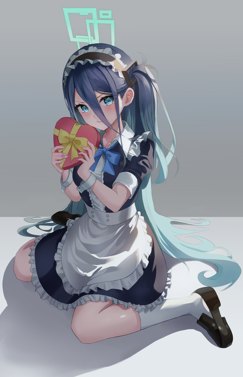 1girl, absurdly_long_hair, absurdres, alternate_costume, apron, aris_(blue_archive), black_footwear, black_hair, blue_archive, blue_eyes, bow, bowtie, box, collarbone, commentary_request, enmaided, frilled_apron, frills, hair_between_eyes, hair_ornament, halo, heart-shaped_box, high-waist_skirt, highres, holding, kneehighs, long_hair, looking_at_viewer, maid, maid_apron, maid_headdress, one_side_up, shoes, short_sleeves, sidelocks, simple_background, sitting, skirt, socks, solo, very_long_hair, wariza, white_apron, white_socks, wrist_cuffs, yubell_(user_cwxy8372)