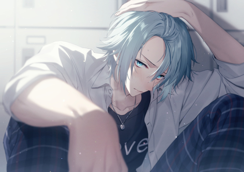 1boy, aiue_o_eiua, black_shirt, blue_eyes, blue_hair, blush, closed_mouth, hand_in_own_hair