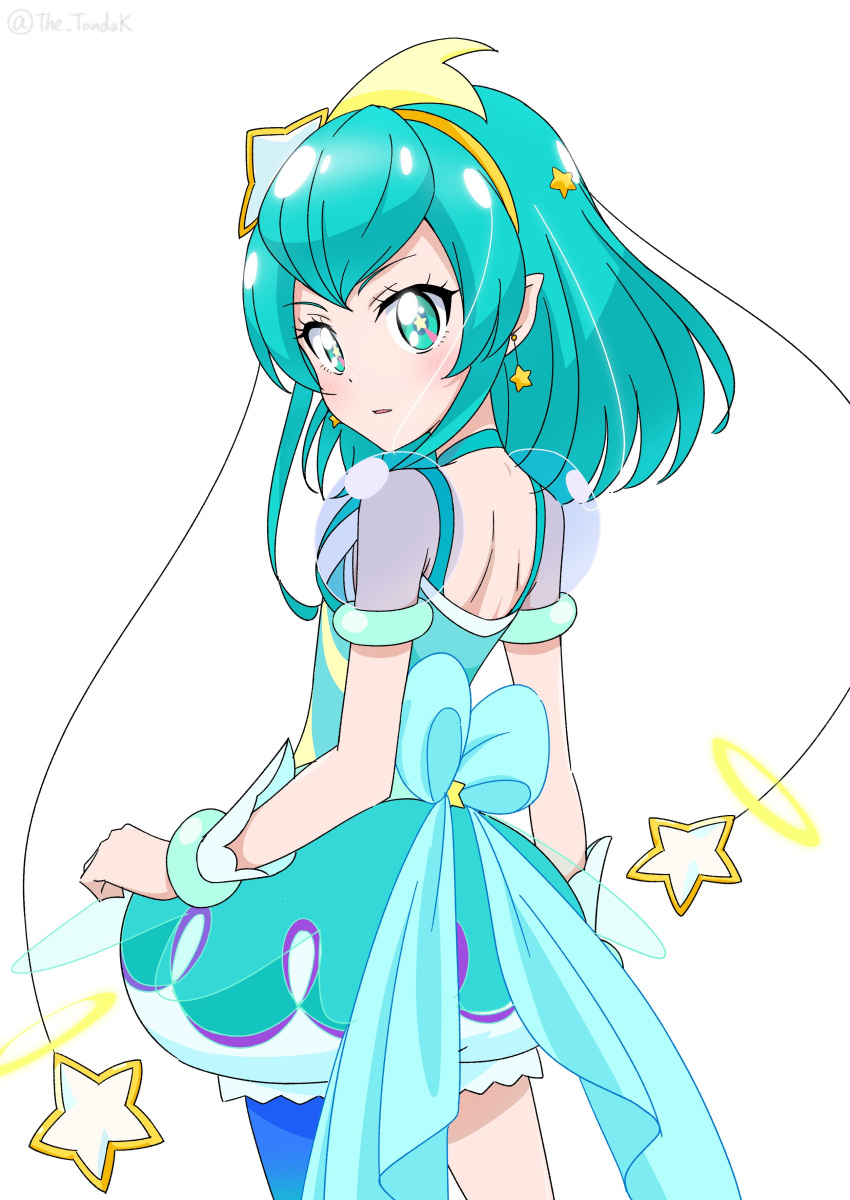 1girl, absurdres, aqua_choker, aqua_dress, aqua_eyes, aqua_hair, back_bow, bow, cowboy_shot, cure_milky, danoso_(the_tanbok), dress, earrings, hagoromo_lala, hair_ornament, hairband, highres, jewelry, looking_at_viewer, magical_girl, medium_hair, open_mouth, pointy_ears, precure, puffy_short_sleeves, puffy_sleeves, see-through, see-through_sleeves, short_sleeves, simple_background, single_leg_pantyhose, solo, standing, star-shaped_pupils, star_(symbol), star_earrings, star_hair_ornament, star_twinkle_precure, symbol-shaped_pupils, white_background, yellow_hairband
