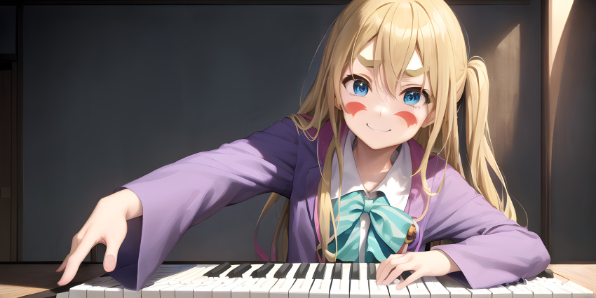 1girl, awwesomeai, bangs, blonde_hair, blue_eyes, blush_stickers, bow, bowtie