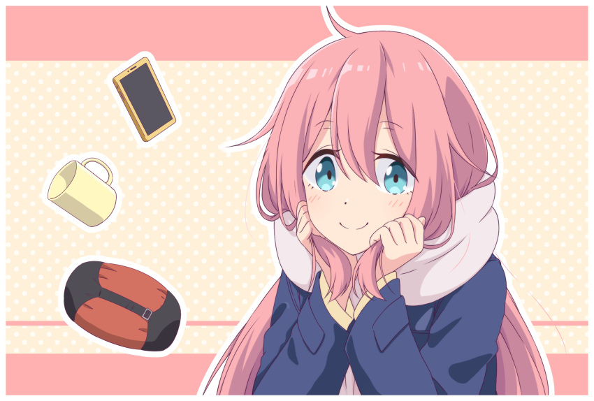 1girl, blue_eyes, blue_jacket, blush, cellphone, closed_mouth, commentary, cup
