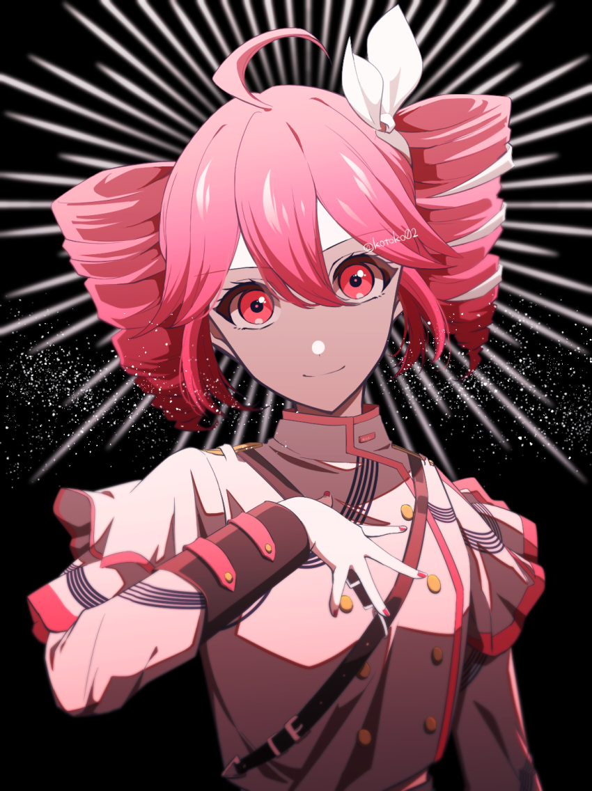 1girl, ahoge, belt, black_background, bow, buttons, commentary, double-breasted