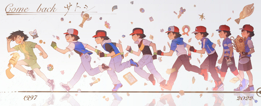 1boy, age_progression, ash_ketchum, black_hair, black_pants, blue_jacket, capri_pants, character_name