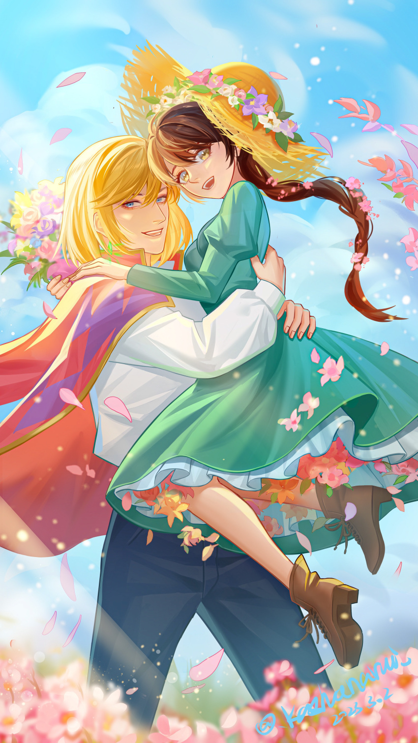 1boy, 1girl, absurdres, blonde_hair, blue_eyes, blue_sky, bouquet, braid