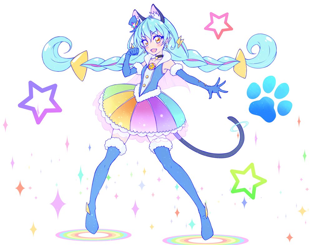 1girl, animal_ears, black_choker, blue_footwear, blue_gloves, blue_hair, boots, braid