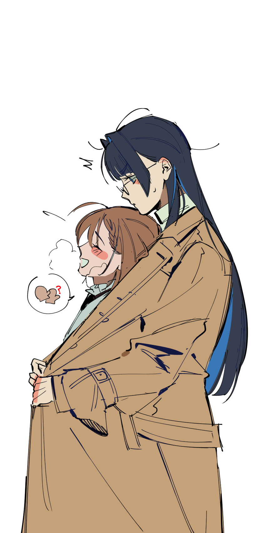 2girls, absurdres, ahoge, amos, blue_hair, blunt_bangs, blush, braid, braided_bangs, brown_coat, brown_hair, closed_eyes, coat, cold, colored_inner_hair, glasses, hair_intakes, height_difference, highres, hime_cut, hololive, hololive_english, japanese_clothes, kimono, mittens, multicolored_hair, multiple_girls, nanashi_mumei, official_alternate_costume, ouro_kronii, shared_clothes, shared_coat, short_hair, sidelocks, smile, spoken_object, streaked_hair, sweatdrop, turtleneck, virtual_youtuber, white_kimono, yuri