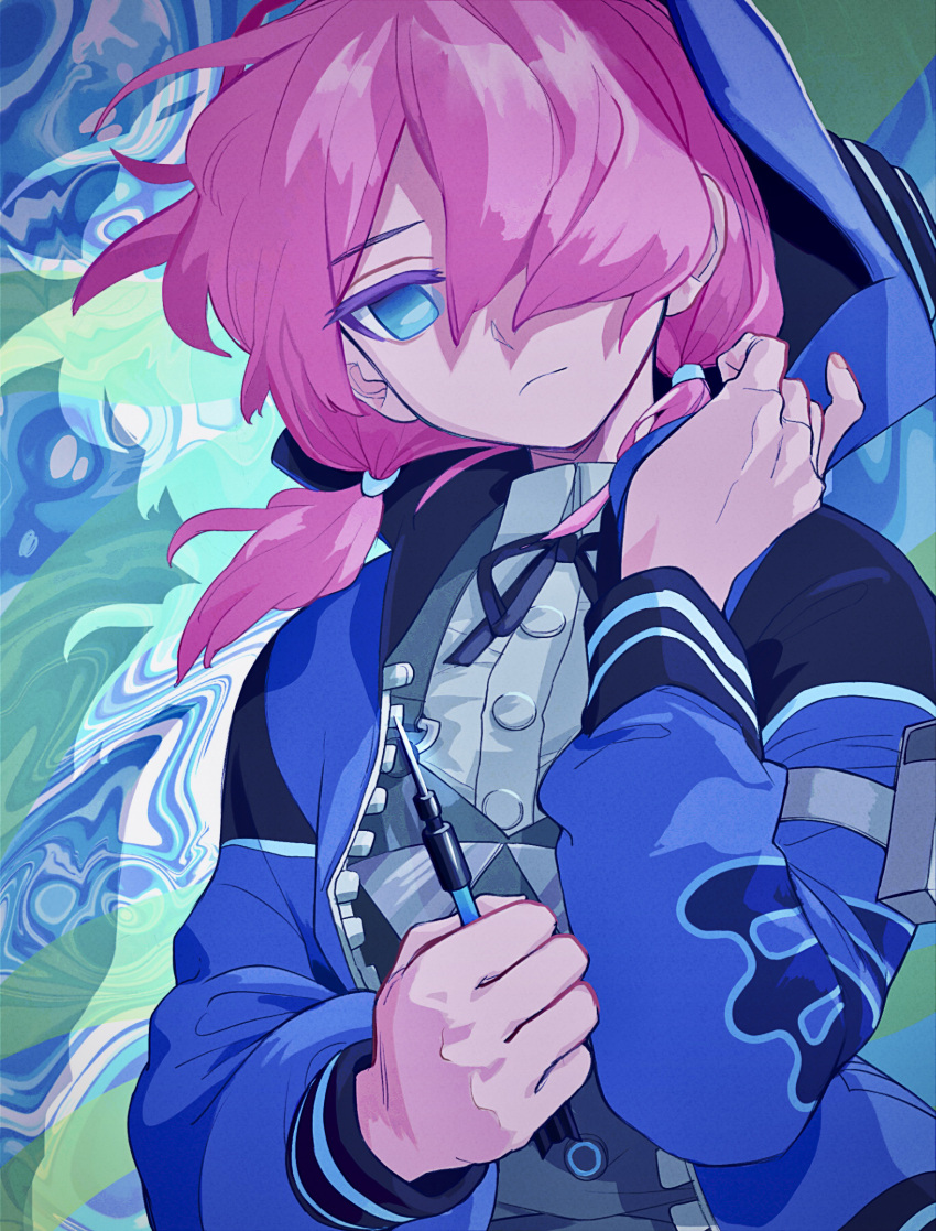 1girl, absurdres, arknights, arm_strap, black_ribbon, blue_eyes, blue_jacket, blue_poison_(arknights)