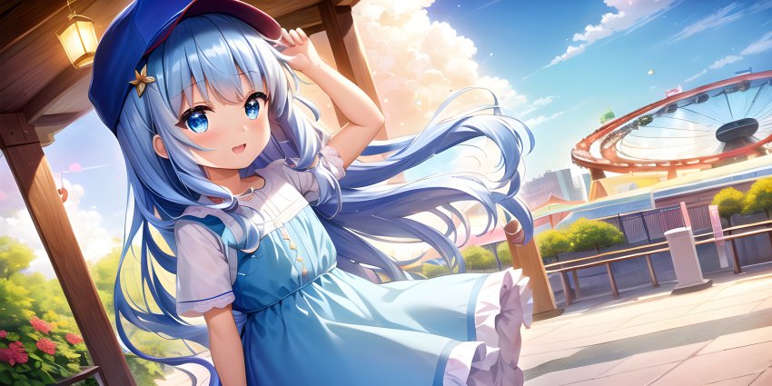 1girl, awwesomeai, bangs, blue_dress, blue_eyes, blue_hair, blue_headwear, blue_sky