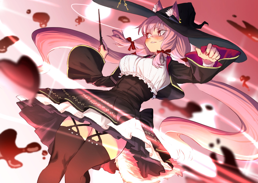 1girl, absurdres, animal_ear_fluff, animal_ears, black_dress, black_headwear, black_thighhighs, breasts