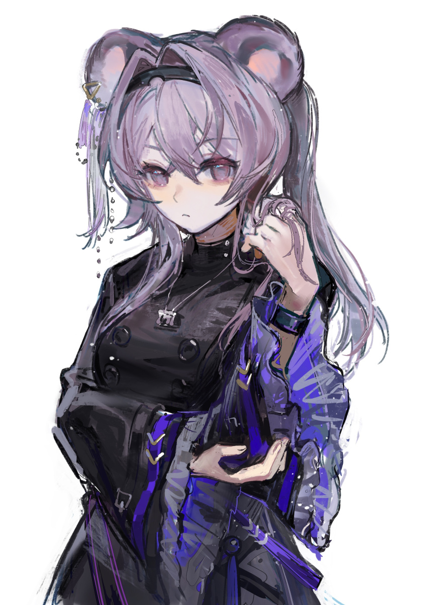 1girl, absurdres, animal_ears, arknights, black_dress, black_hairband, buttons, cowboy_shot, dress, hair_between_eyes, hair_intakes, hairband, highres, jewelry, liangban_xiexu, lin_(arknights), long_hair, long_sleeves, looking_at_viewer, mouse_ears, mouse_girl, necklace, purple_hair, simple_background, solo, violet_eyes, white_background, wide_sleeves