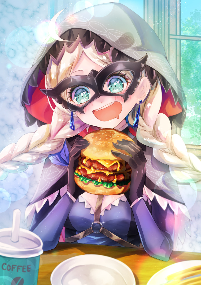 1girl, absurdres, ahoge, alternate_costume, black_gloves, blue_eyes, braid, breasts