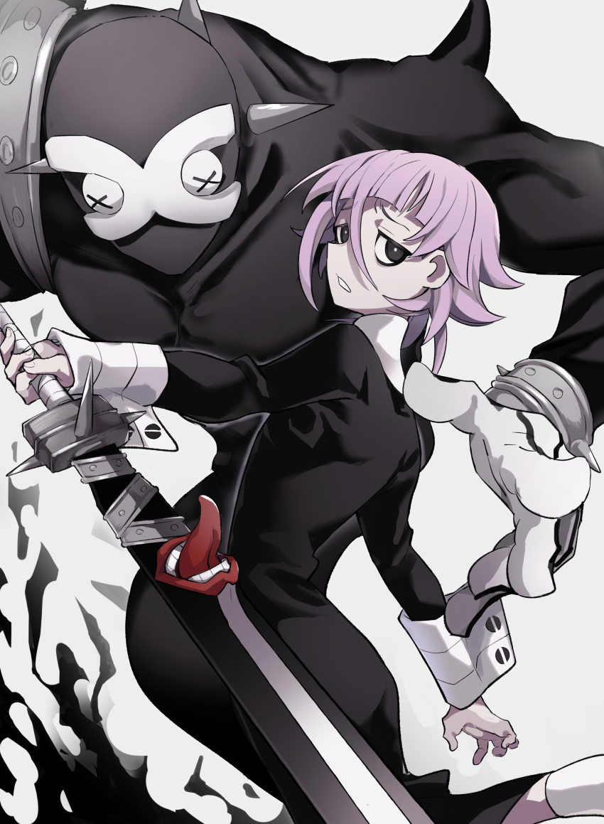 1other, a_tama_(pakpak_tkg), absurdres, black_dress, black_eyes, blunt_bangs, bracelet, crona_(soul_eater), dress, highres, holding, holding_sword, holding_weapon, jewelry, long_dress, outline, pink_hair, ragnarok_(demon_sword), short_hair, soul_eater, spiked_bracelet, spikes, sword, unhappy, weapon, white_background, white_outline