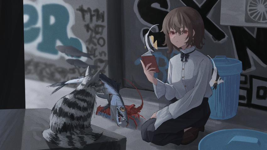 1girl, absurdres, air_conditioner, black_pants, black_ribbon, book, brown_hair, cat, closed_mouth, fish, graffiti, highres, holding, holding_book, ikanoshiokara, kneeling, lancetfish, lobster, long_sleeves, moorish_idol, original, pants, reading, ribbon, sharp_teeth, shirt, solo, teeth, trash_can, tropical_fish, violet_eyes, white_shirt
