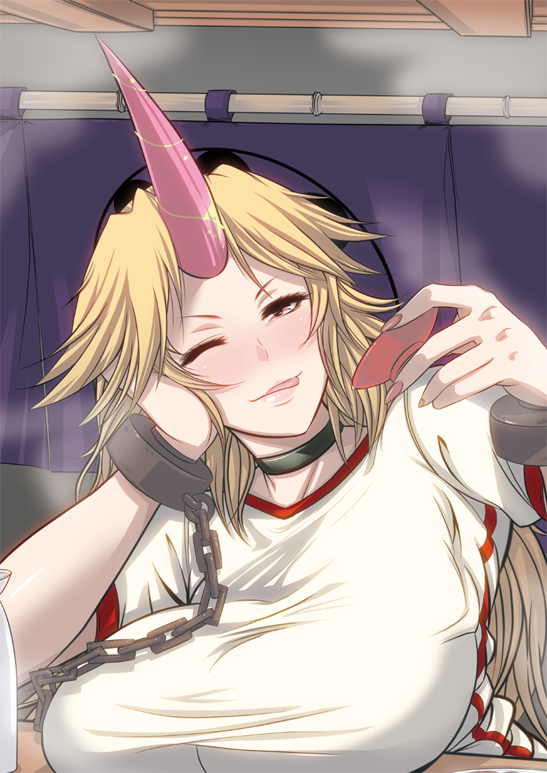 breasts, choker, cuffs, horn, horns, hoshiguma_yuugi, karasu_(pixiv), large_breasts, long_hair, red_eyes, touhou