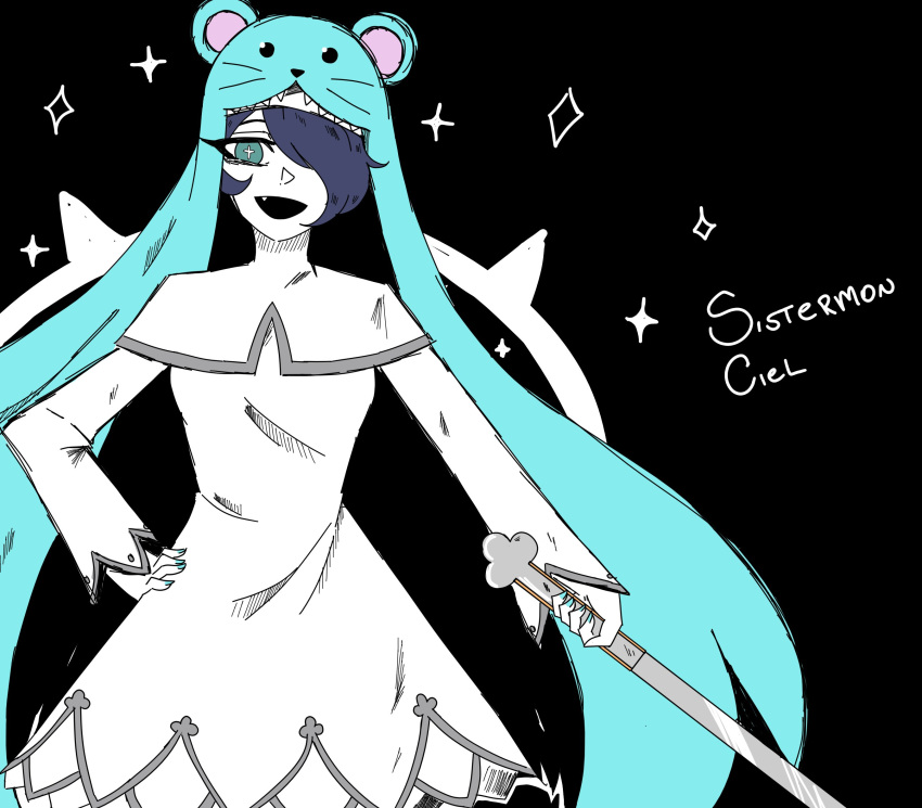1girl, blue_hair, breasts, capelet, digimon, digimon_ghost_game, dress, hair_over_one_eye