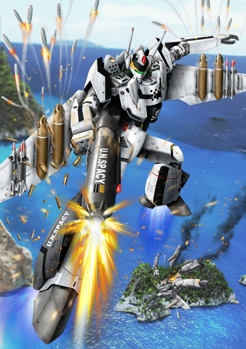 absurdres, battle, battroid, blurry, blurry_background, energy_cannon, firing, flying