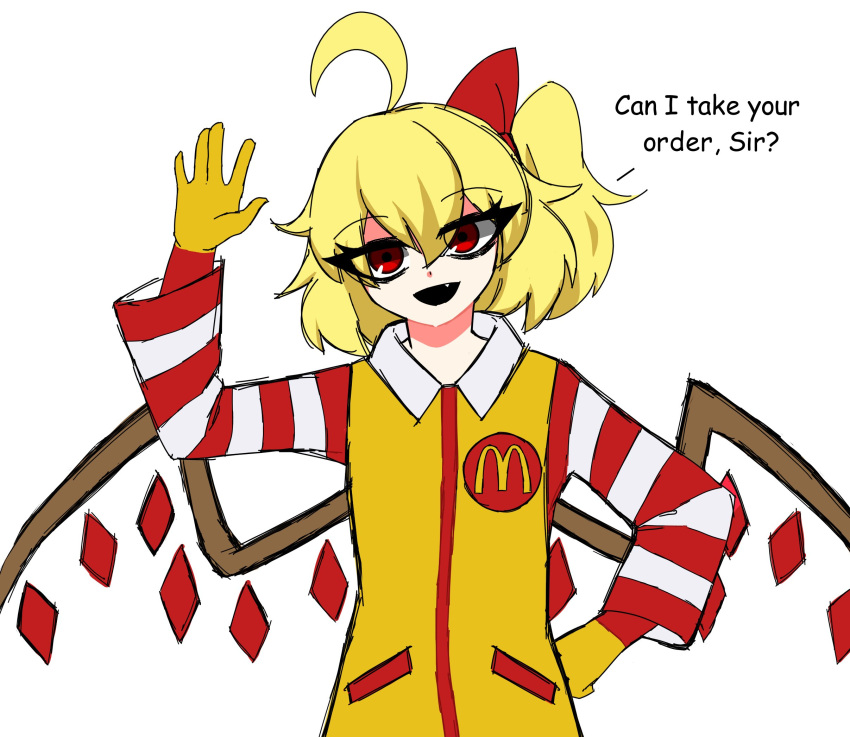 1girl, ahoge, blonde_hair, cosplay, embodiment_of_scarlet_devil, english_text, fang, flandre_scarlet