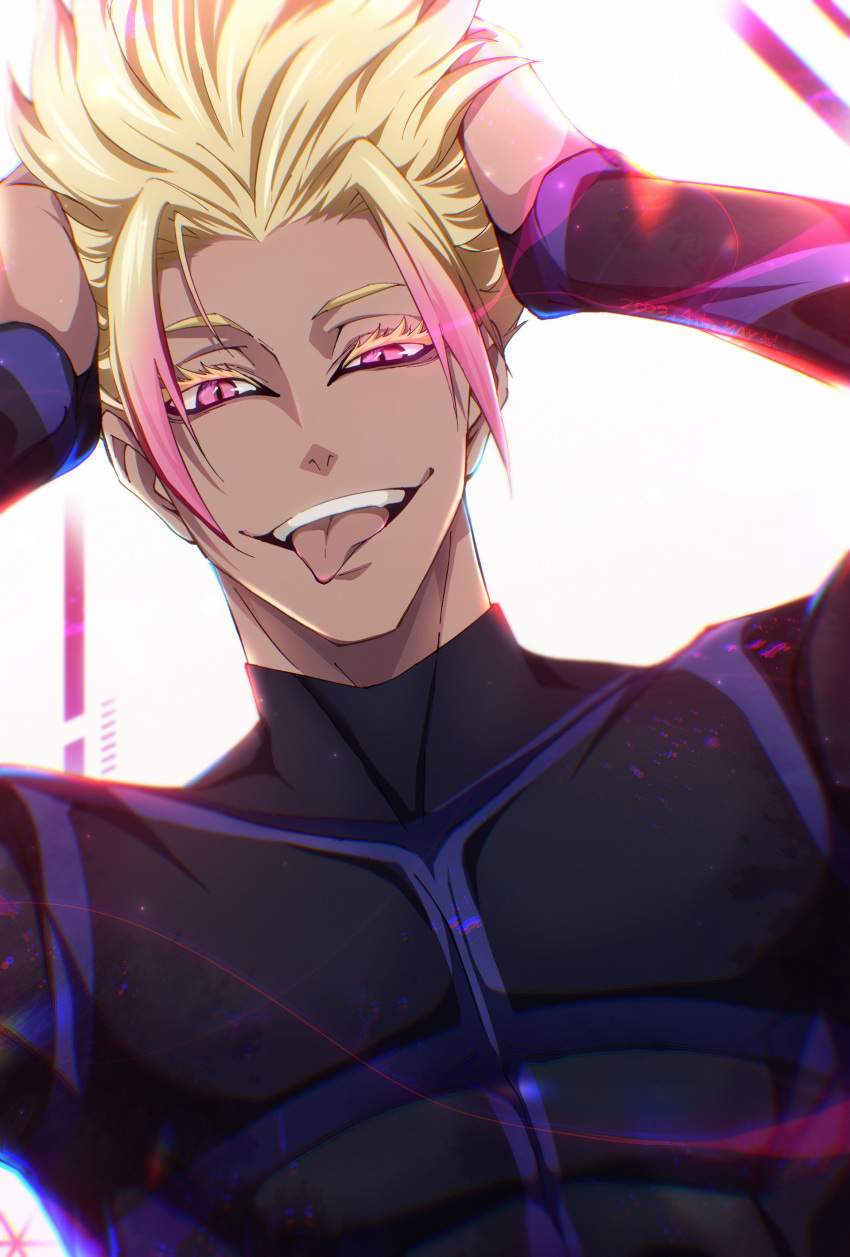 1boy, :p, absurdres, black_bodysuit, blonde_hair, blue_lock, bodysuit, colored_eyelashes, dark-skinned_male, dark_skin, eyelashes, gradient_hair, hair_slicked_back, hands_in_hair, highres, large_pectorals, long_sleeves, looking_at_viewer, male_focus, may_(illust_man_2020), multicolored_hair, muscular, muscular_male, open_mouth, pectorals, pink_eyes, pink_hair, shidou_ryuusei, simple_background, skin_tight, slit_pupils, smile, solo, sportswear, teeth, tongue, tongue_out, two-tone_hair, upper_body, upper_teeth_only, white_background