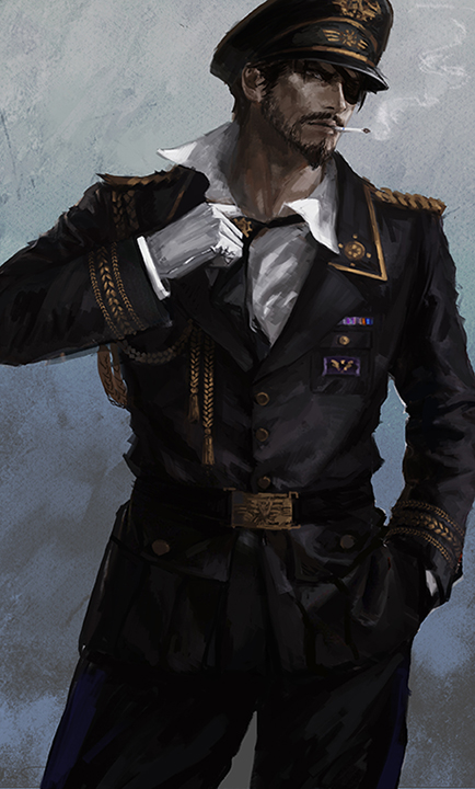 1boy, beard, bishounen, black_hair, cigarette, eyepatch, facial_hair, gloves