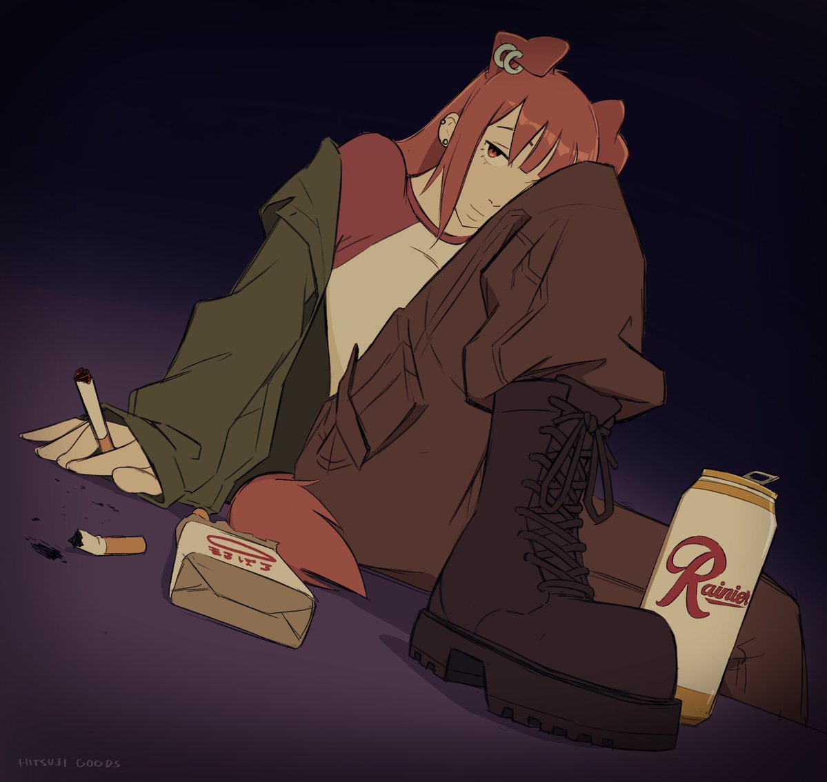 1girl, animal_ears, beer_can, boots, brown_footwear, brown_pants, can, cargo_pants