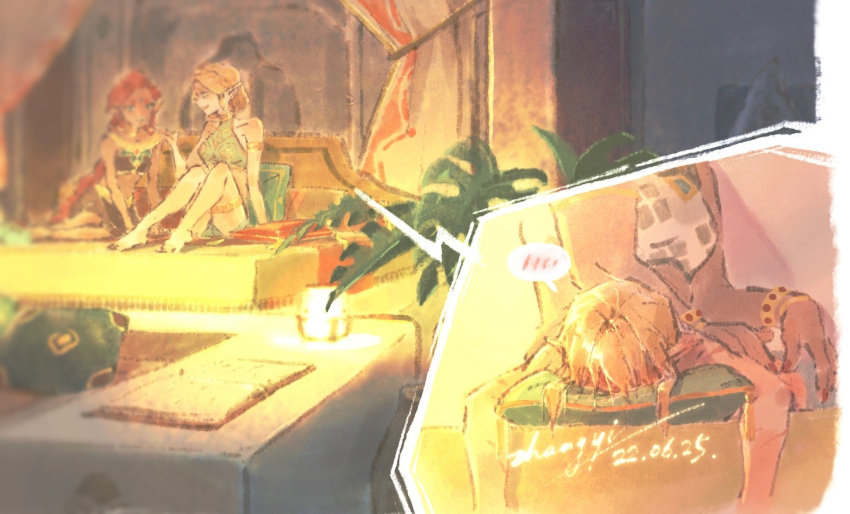 armlet, bare_legs, bare_shoulders, barefoot, bed, bedroom, blonde_hair, braid