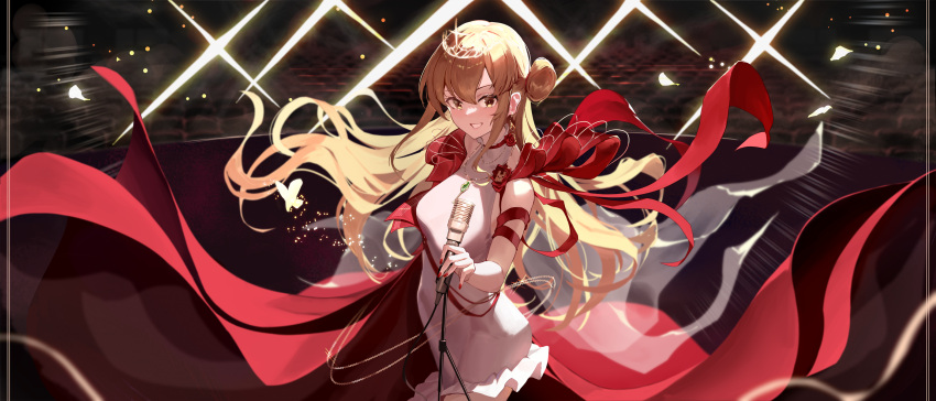1girl, blonde_hair, bug, butterfly, commentary, dress, earrings, eine_(virtuareal)